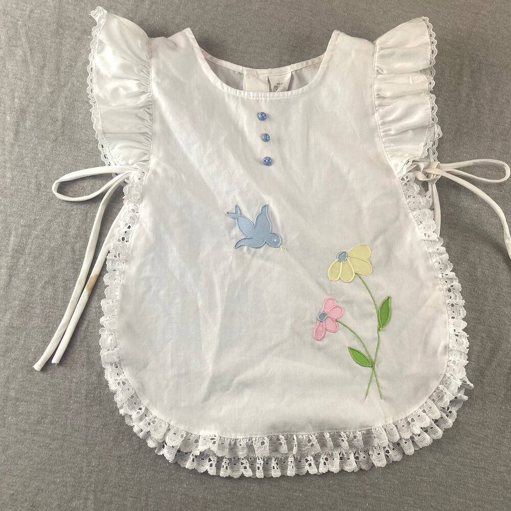 Vintage Baby Bib Lace Trim Embroidered Flowers Bird Size 3 Side Tie Ruffles